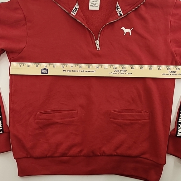 PINK VICTORIA'S SECRET Red Quarter Zip Sweatshirt Black Logo Down Arms -Size XS - Picture 14 of 14
